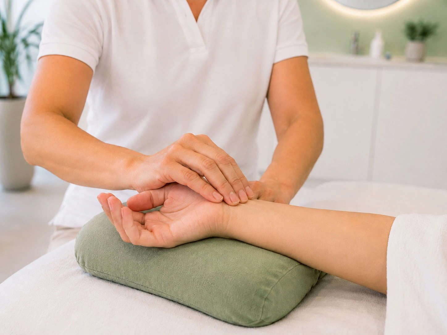 Therapeutin tastet den Puls am Handgelenk einer Patientin im Akupunktur Zentrum Oberengstringen